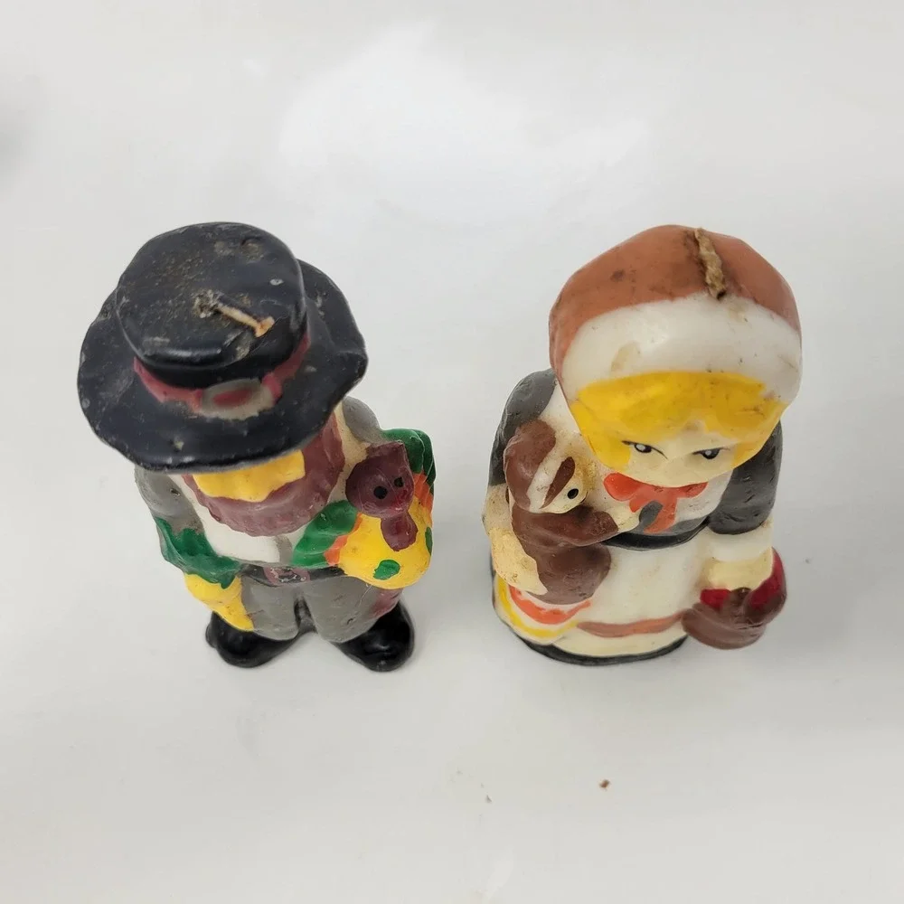 Vintage‎ Thanksgiving Pilgrim Man Woman and Turkey Figural Candle Set of 4